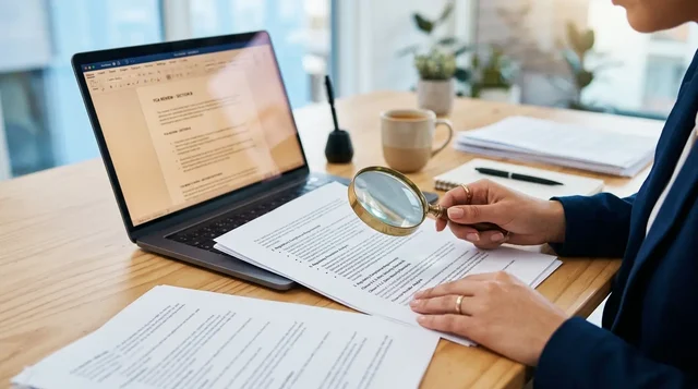 Reviewing financial documents beside a laptop