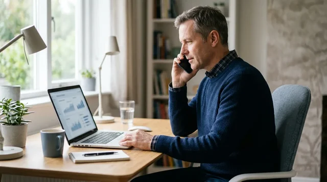 Man receiving phone guidance while using a laptop