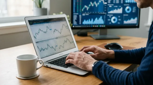 Hands at a laptop with coffee and market charts in the background