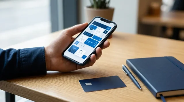 Banking interface on a smartphone beside a payment card