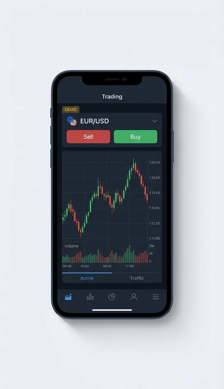 Illustrative smartphone showing a demo trading interface