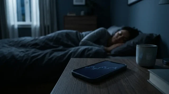 Phone displaying a market chart beside a sleeping person